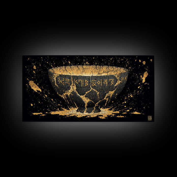 Viking Rune Bowl Canvas Gold Art, Nordic Mythology Canvas Art with Real Wood Frame, Unique Office Wall Decor, Man Cave Gift