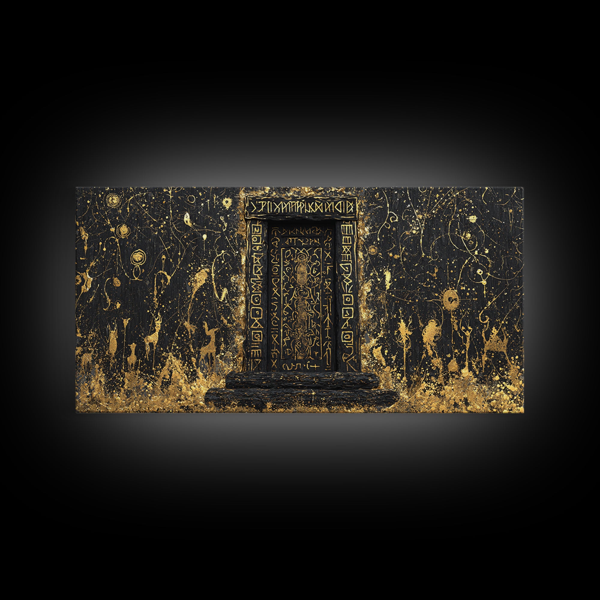 Runestone Doorway Canvas Gold Art, Nordic Mythology Inspired Canvas Art, Pagan Viking Office Decor Framed in Real Wood