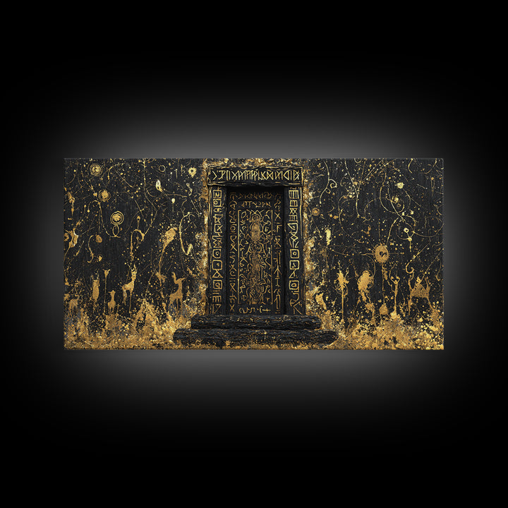 Runestone Doorway Canvas Gold Art, Nordic Mythology Inspired Canvas Art, Pagan Viking Office Decor Framed in Real Wood
