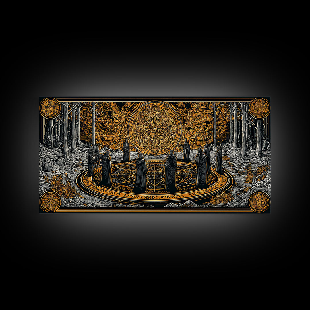 Nordic Ritual Circle Canvas Gold Art, Mythology Inspired Canvas Art, Mystical Office Wall Decor with Real Wood Framing