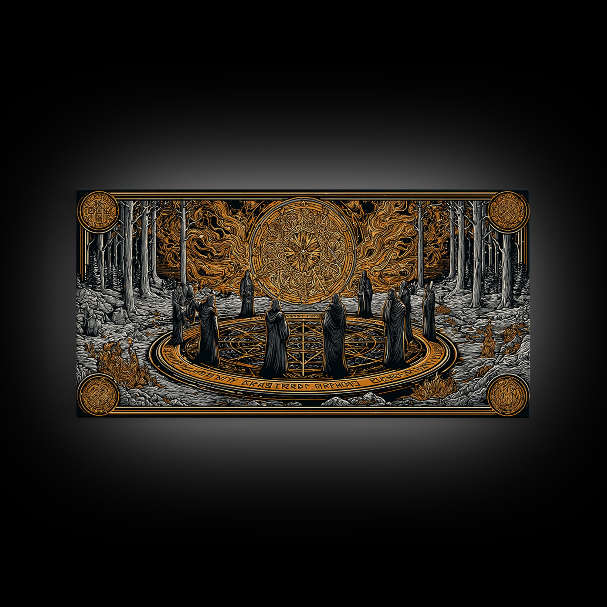 Nordic Ritual Circle Canvas Gold Art, Mythology Inspired Canvas Art, Mystical Office Wall Decor with Real Wood Framing