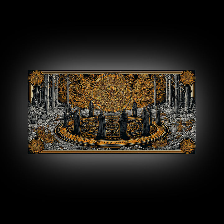 Nordic Ritual Circle Canvas Gold Art, Mythology Inspired Canvas Art, Mystical Office Wall Decor with Real Wood Framing