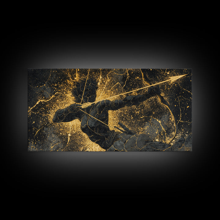 Archer Warrior Canvas Gold Art, Nordic Mythology Canvas Art for Office Wall, Unique Man Cave Decor, Real Wood Frame Gift