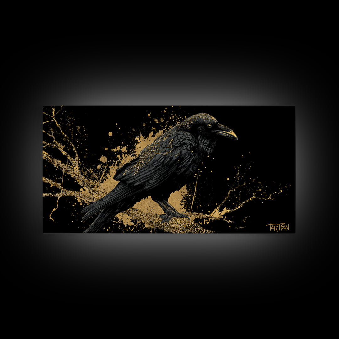 Viking Raven Canvas Gold Art Canvas Art Norse Wall Decor with Real Wood Frame, Nordic Mythology Office or Dad Gift Artwork