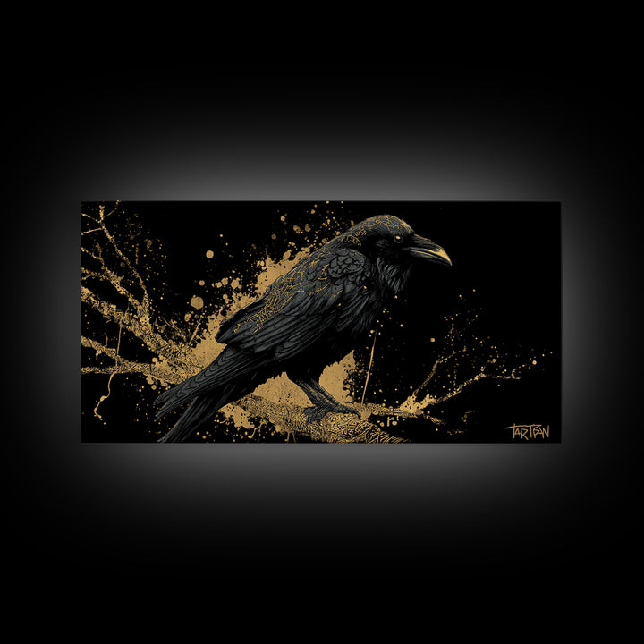 Viking Raven Canvas Gold Art Canvas Art Norse Wall Decor with Real Wood Frame, Nordic Mythology Office or Dad Gift Artwork