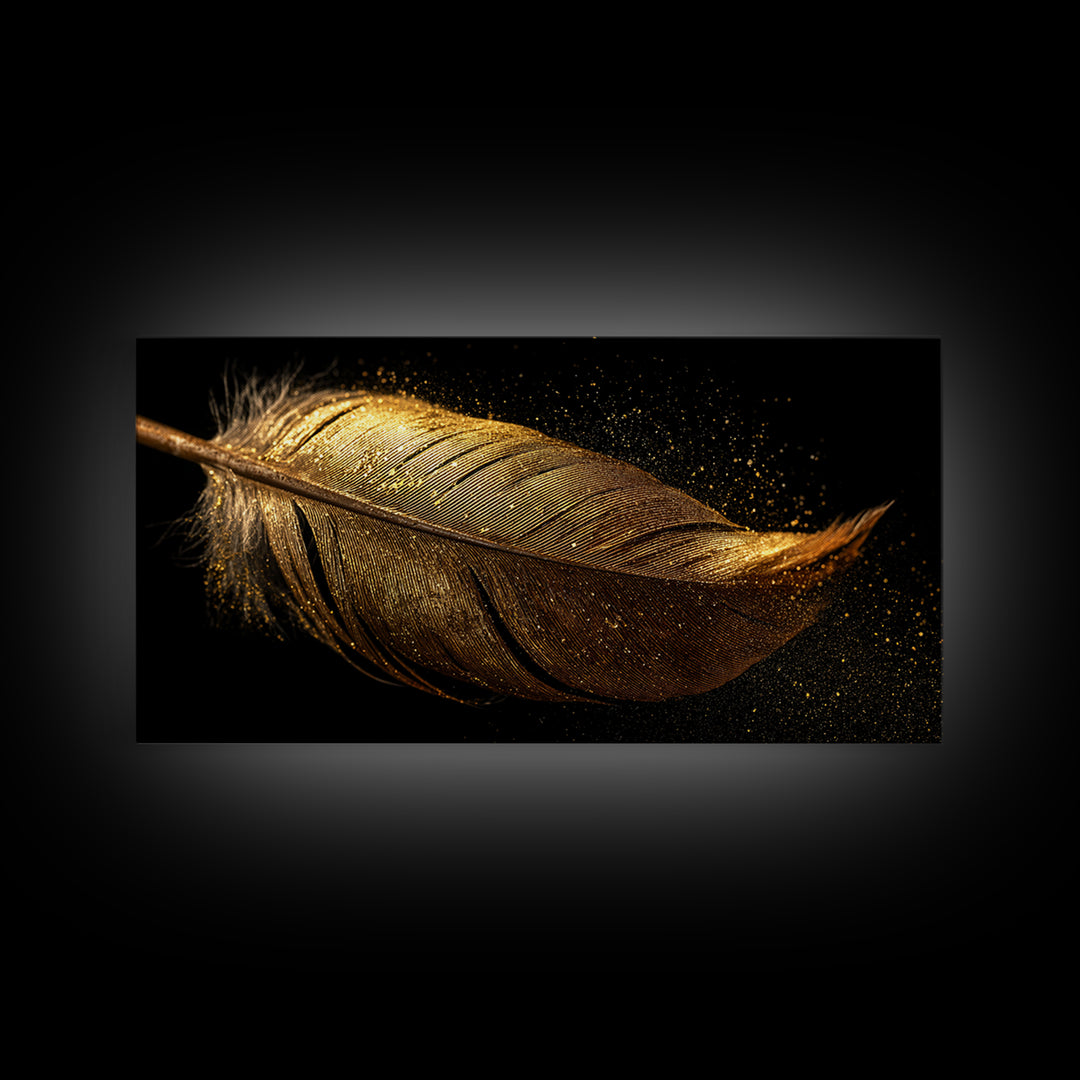 Golden Feather Canvas Gold Art, Norse Mythology Inspired Canvas Art, Viking Decor for Office or Study, Framed in Real Wood