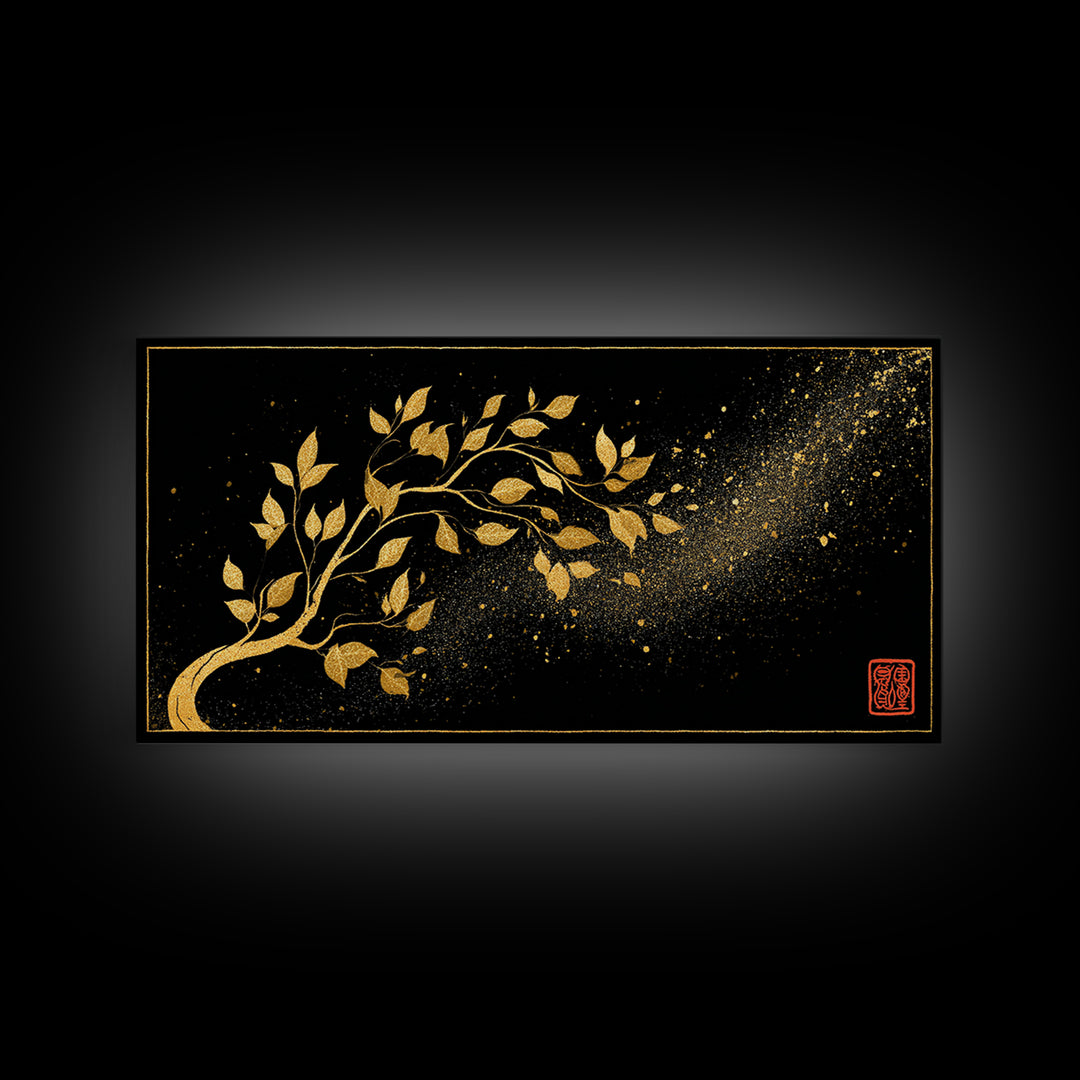 Yggdrasil Tree Canvas Gold Art, Nordic Mythology Inspired Canvas Art with Natural Wood Frame, Pagan Office Decor, Man Gift
