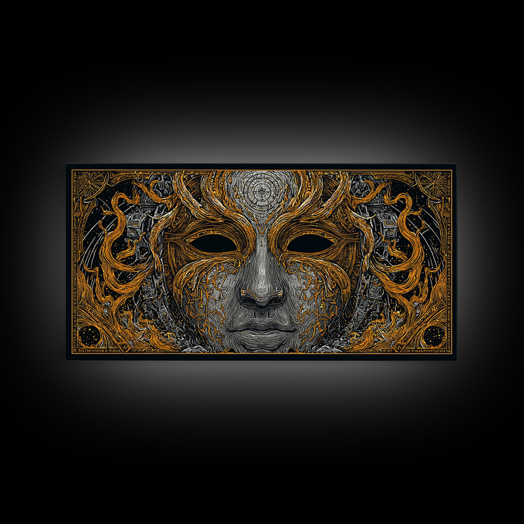 Odin’s Face Canvas Gold Art, Norse Mythology Inspired Canvas Art, Nordic Office Decor Framed in Natural Wood for Man Cave