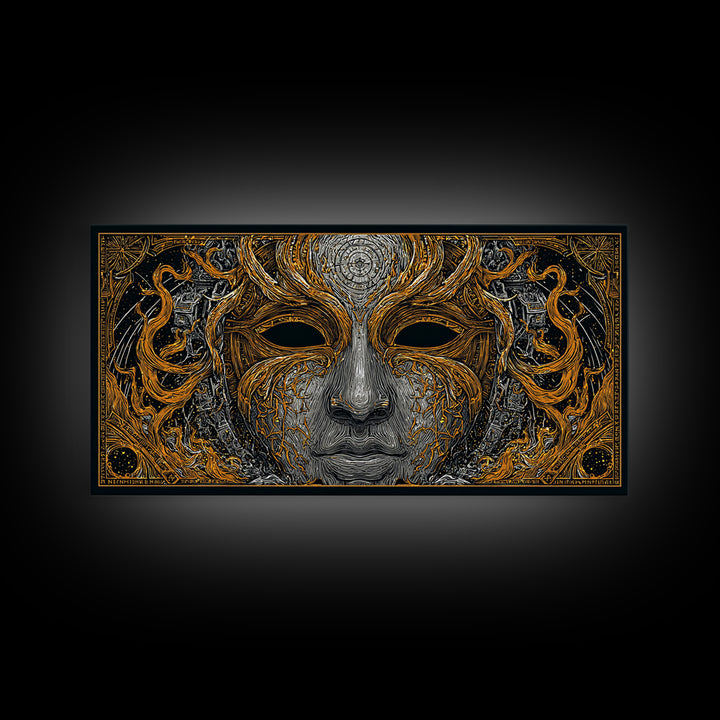 Odin’s Face Canvas Gold Art, Norse Mythology Inspired Canvas Art, Nordic Office Decor Framed in Natural Wood for Man Cave