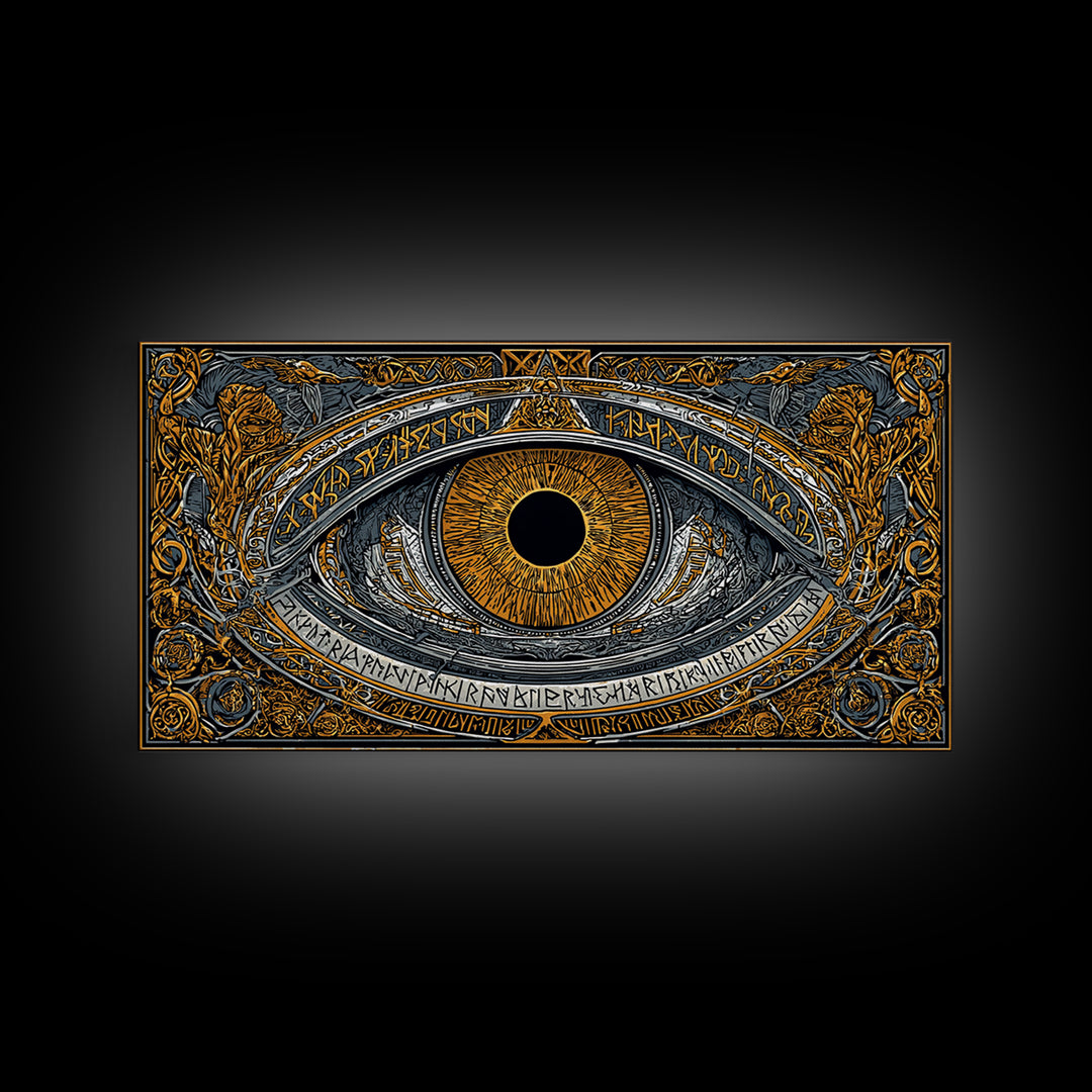 Odin’s Eye Canvas Gold Art Nordic Canvas Art Norse Mythology Wall Decor framed in natural wood, Man Cave Gift, Office Art