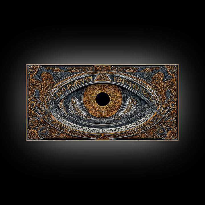 Odin’s Eye Canvas Gold Art Nordic Canvas Art Norse Mythology Wall Decor framed in natural wood, Man Cave Gift, Office Art