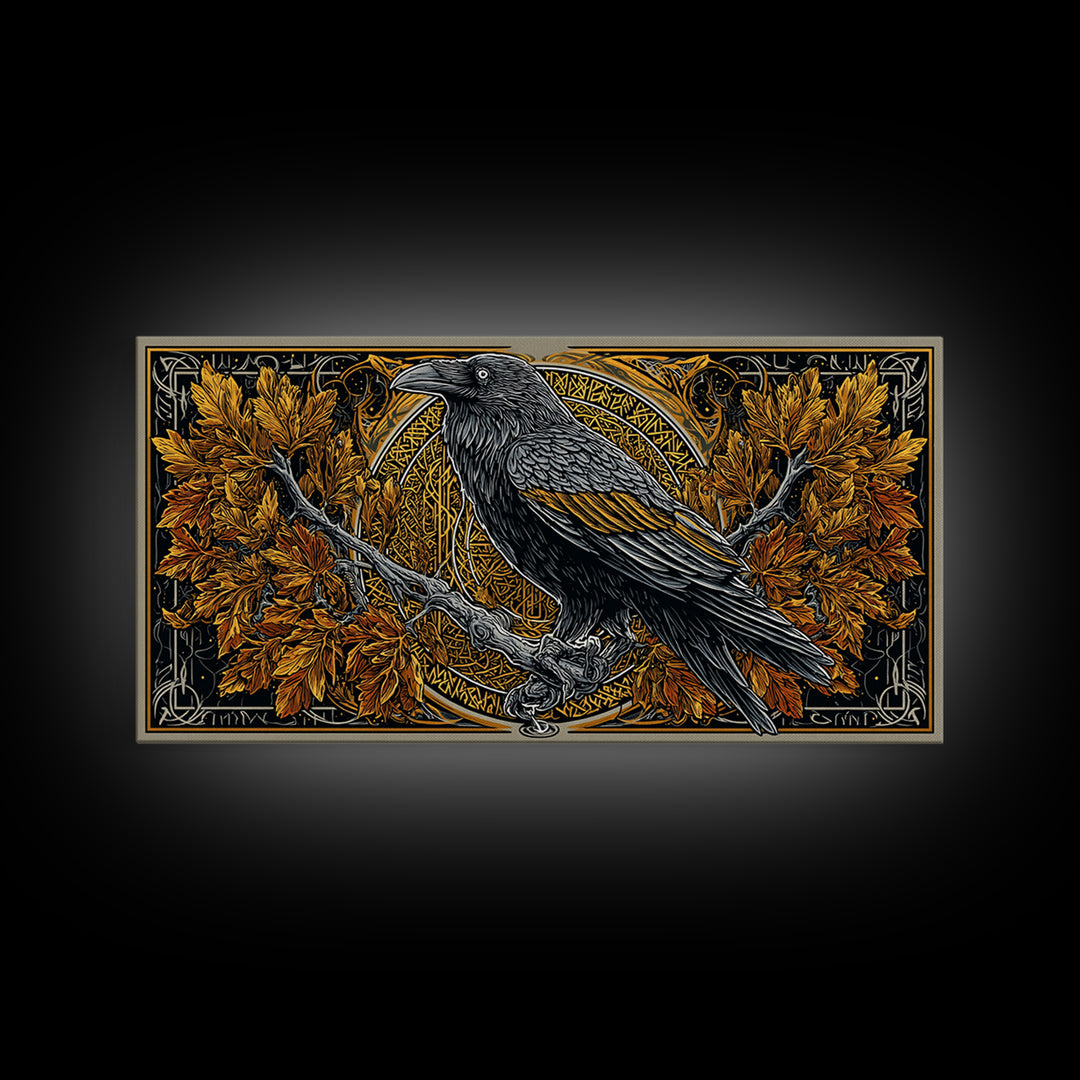 Norse Raven Perched Canvas Gold Art Canvas Art with Runes and Autumn Leaves, Framed in Real Wood, Viking Office or Man Cave