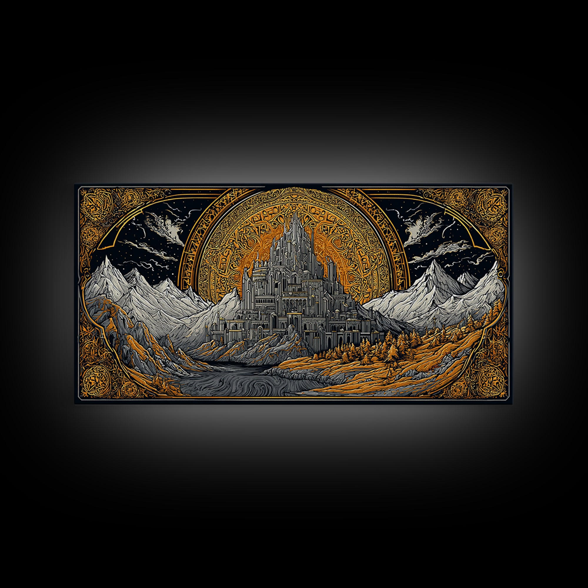 Asgard Fortress Canvas Gold Art Norse Mythology Canvas Art Nordic Wall Hanging framed in natural wood, Viking Decor Office