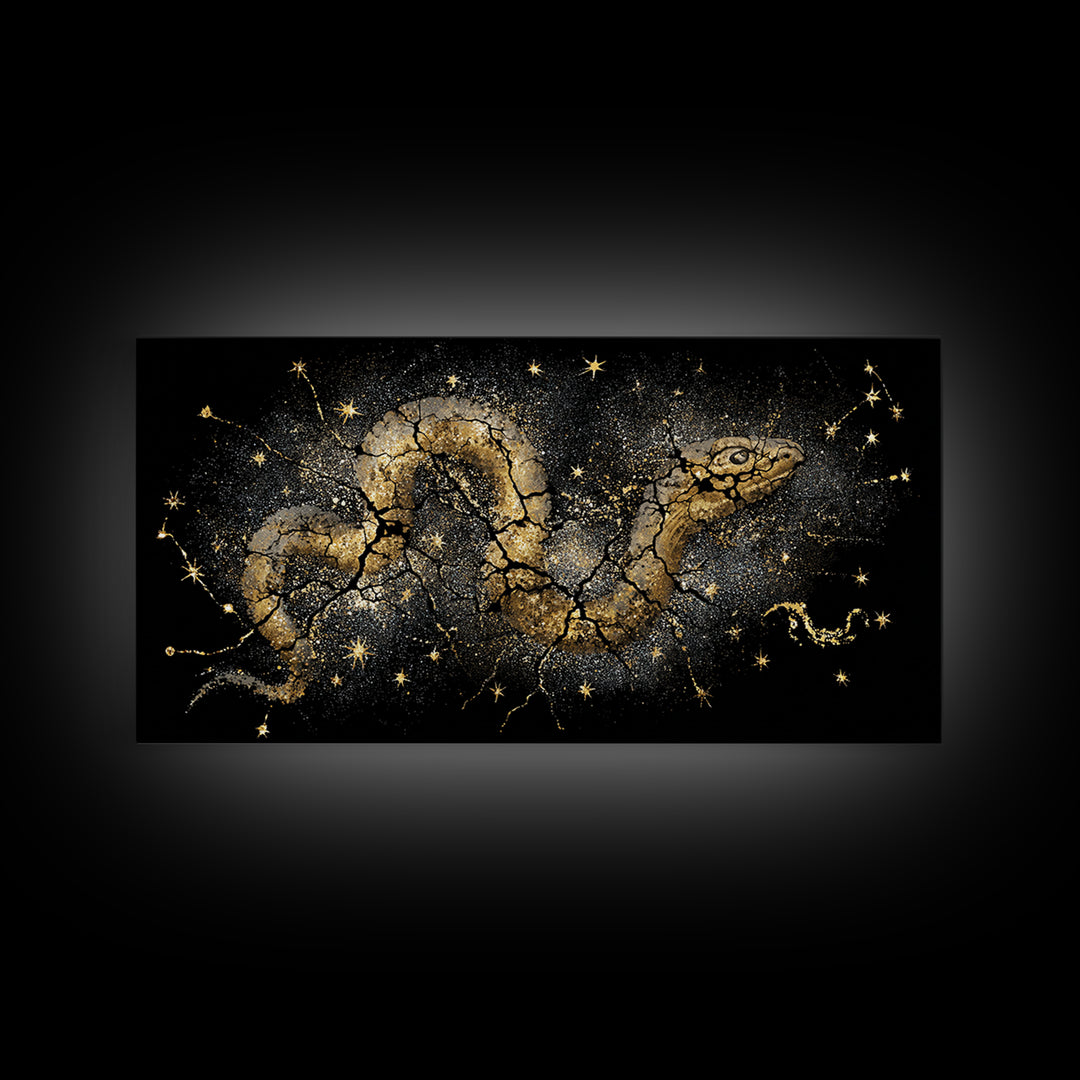 Jormungandr Serpent Canvas Gold Art Norse Mythology Canvas Art Wall Decor framed in real wood, Man Cave Viking Gift for Him