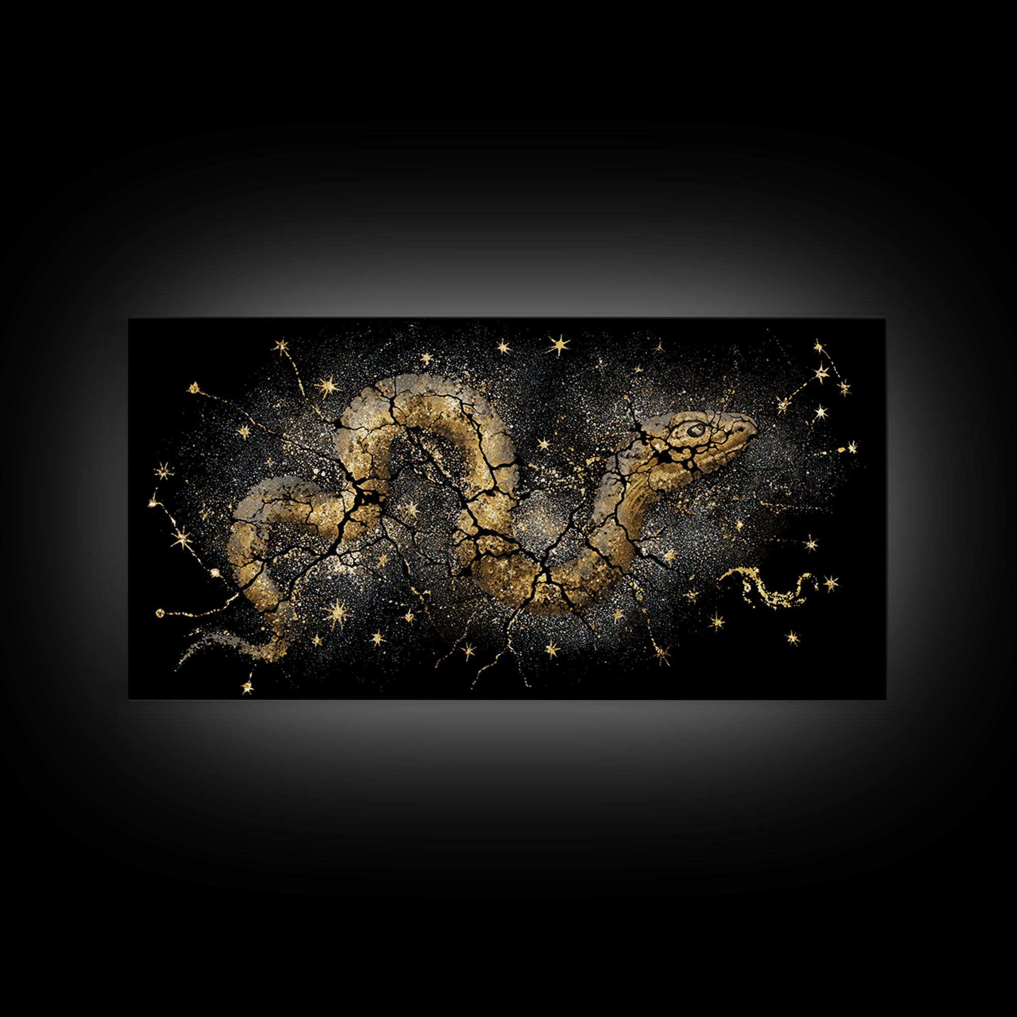 Jormungandr Serpent Canvas Gold Art Norse Mythology Canvas Art Wall Decor framed in real wood, Man Cave Viking Gift for Him