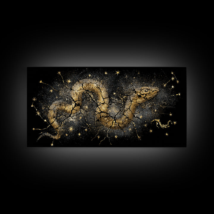 Jormungandr Serpent Canvas Gold Art Norse Mythology Canvas Art Wall Decor framed in real wood, Man Cave Viking Gift for Him