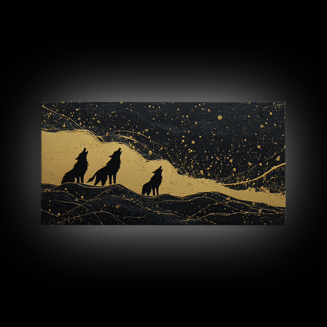Howling Wolves Canvas Gold Art Norse Canvas Art Nordic Mythology Wall Decor with real wood frame, Man Cave Accent, Office Art