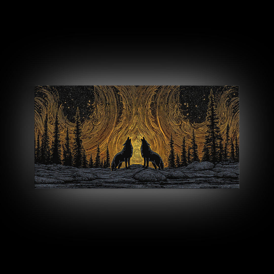 Fenrir Wolves Canvas Gold Art Norse Mythology Canvas Art Nordic Wall Hanging framed in wood, Dad Gift, Viking Decor for Office