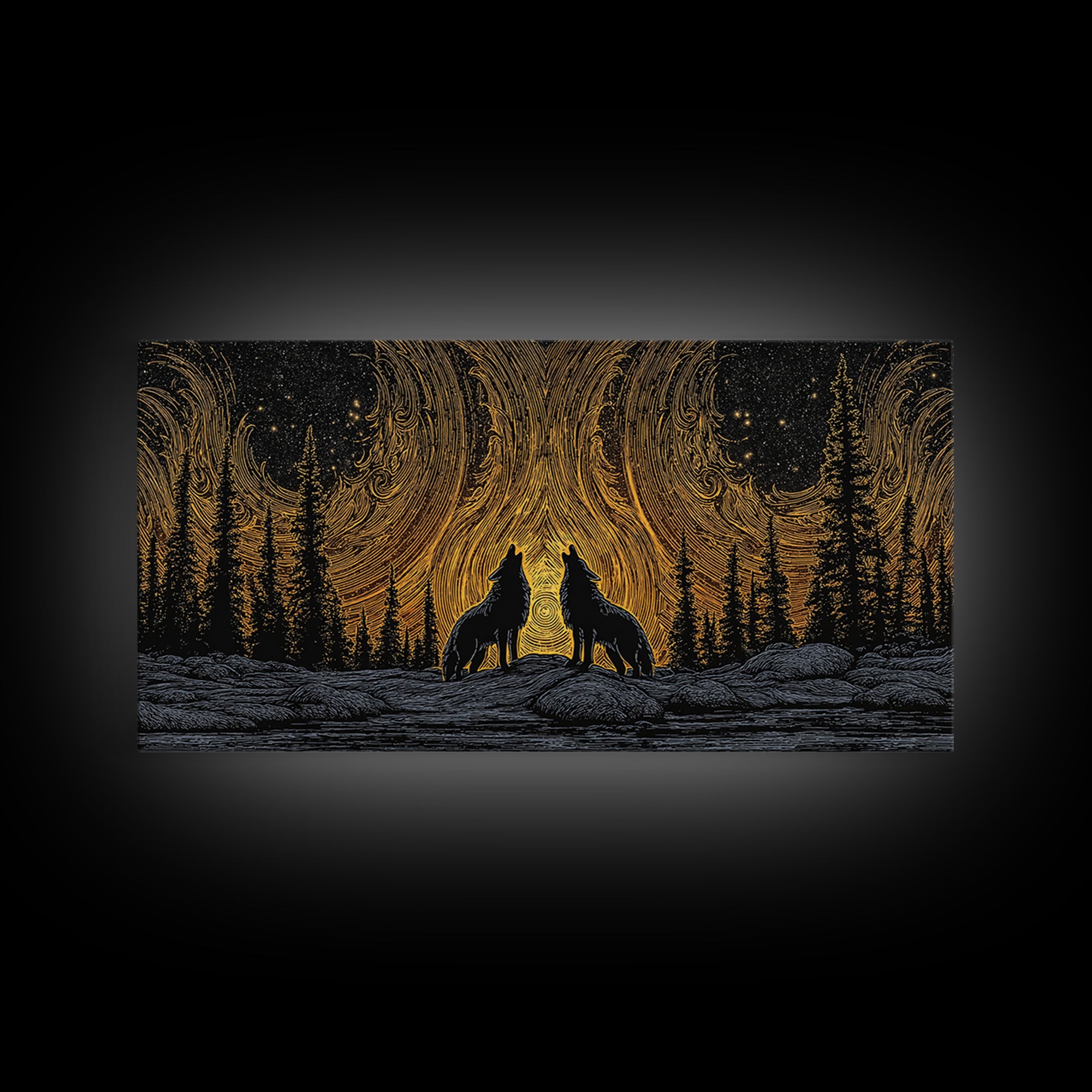 Fenrir Wolves Canvas Gold Art Norse Mythology Canvas Art Nordic Wall Hanging framed in wood, Dad Gift, Viking Decor for Office