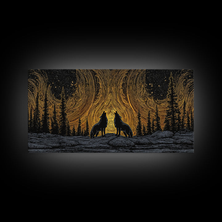 Fenrir Wolves Canvas Gold Art Norse Mythology Canvas Art Nordic Wall Hanging framed in wood, Dad Gift, Viking Decor for Office