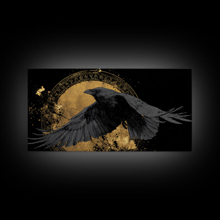 Raven of Odin Canvas Gold Art Norse Mythology Canvas Art Nordic Wall Decor framed in real wood, Man Cave Viking Office Gift