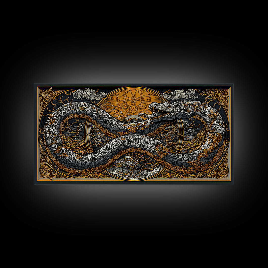 Midgard Serpent Canvas Gold Art Norse Mythology Canvas Art Nordic Wall Hanging framed in natural wood, Office Accent, Dad Gift