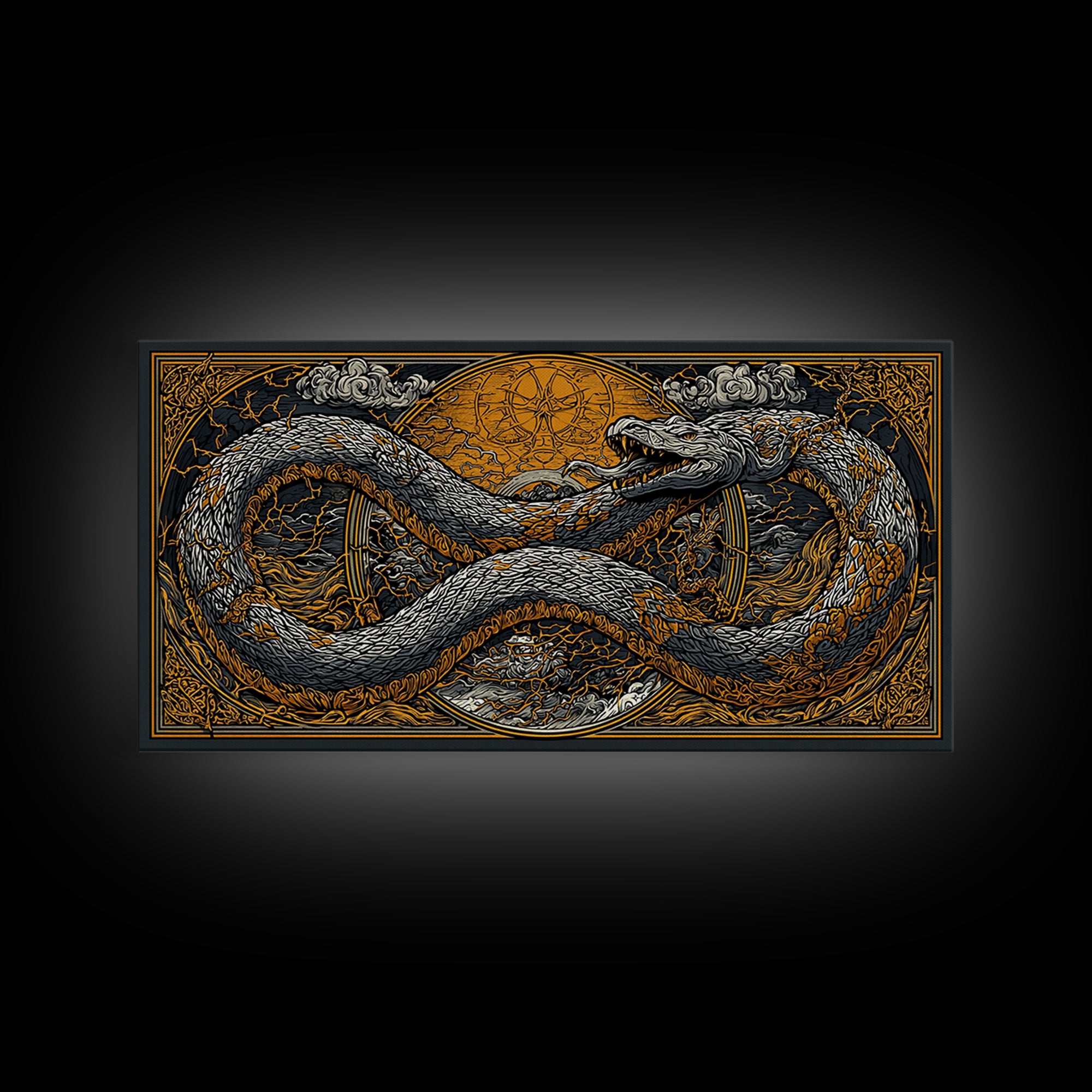 Midgard Serpent Canvas Gold Art Norse Mythology Canvas Art Nordic Wall Hanging framed in natural wood, Office Accent, Dad Gift