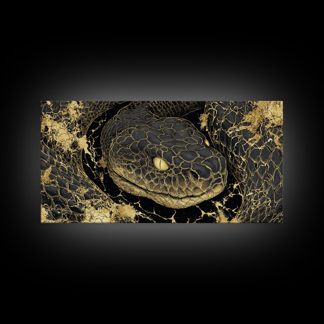 Viking Serpent Jormungandr Canvas Gold Art Canvas Art Norse Mythology Wall Decor for Man Cave or Office framed in natural wood