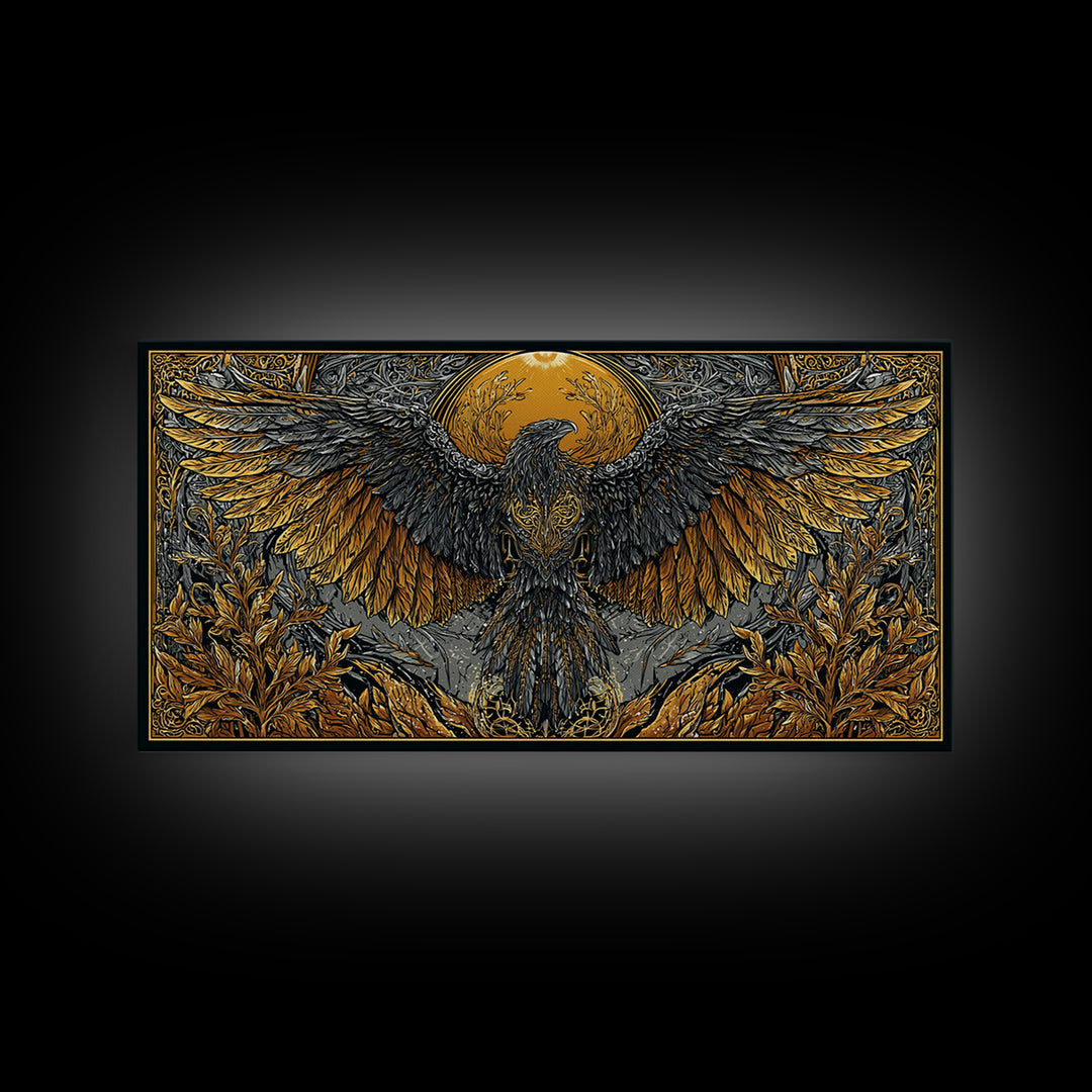 Valkyrie Eagle Canvas Gold Art Canvas Art Norse Wall Hanging with Spreading Wings, Natural Wood Frame, Nordic Mythology Gift
