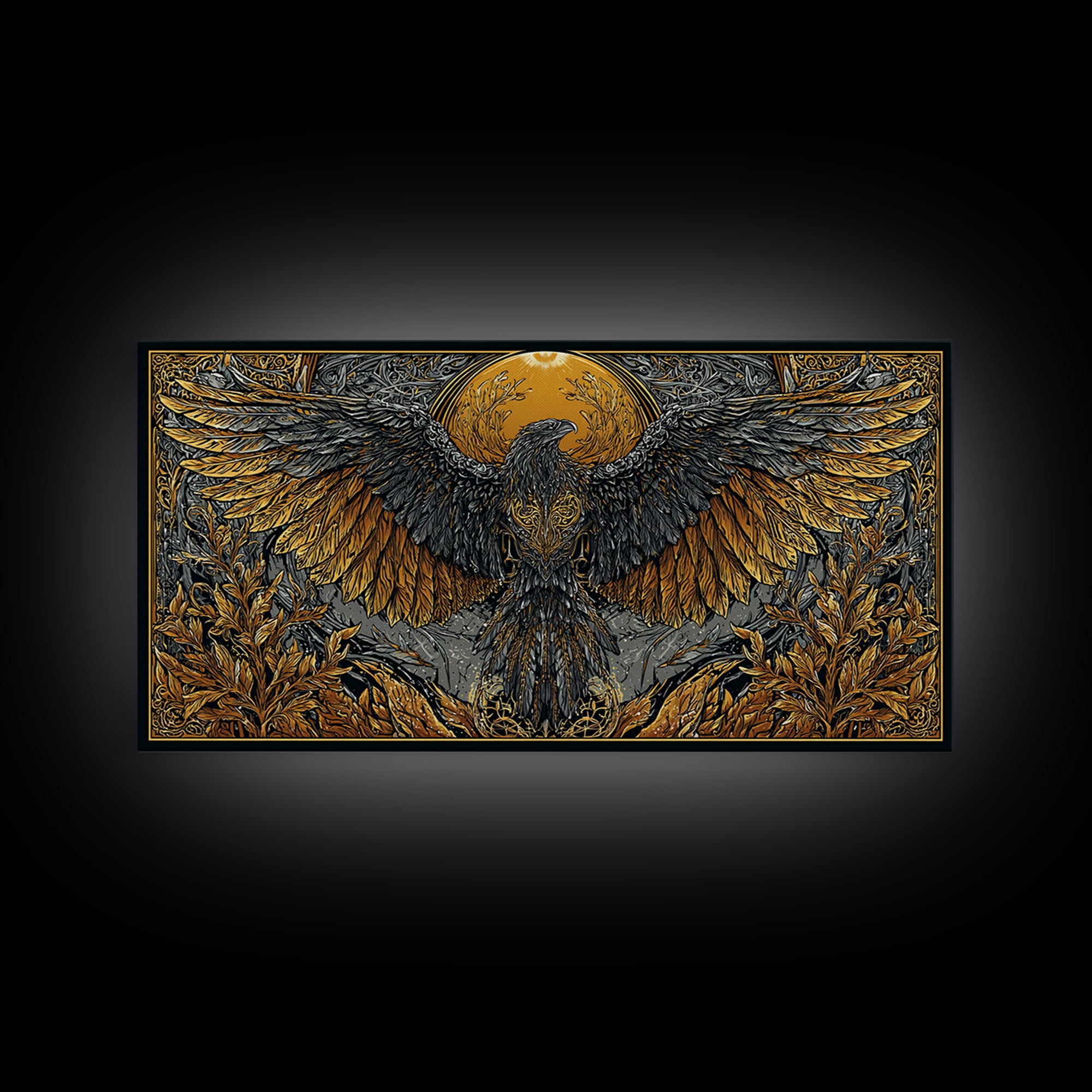 Valkyrie Eagle Canvas Gold Art Canvas Art Norse Wall Hanging with Spreading Wings, Natural Wood Frame, Nordic Mythology Gift