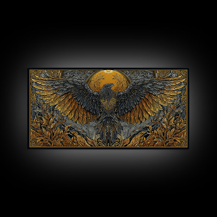Valkyrie Eagle Canvas Gold Art Canvas Art Norse Wall Hanging with Spreading Wings, Natural Wood Frame, Nordic Mythology Gift