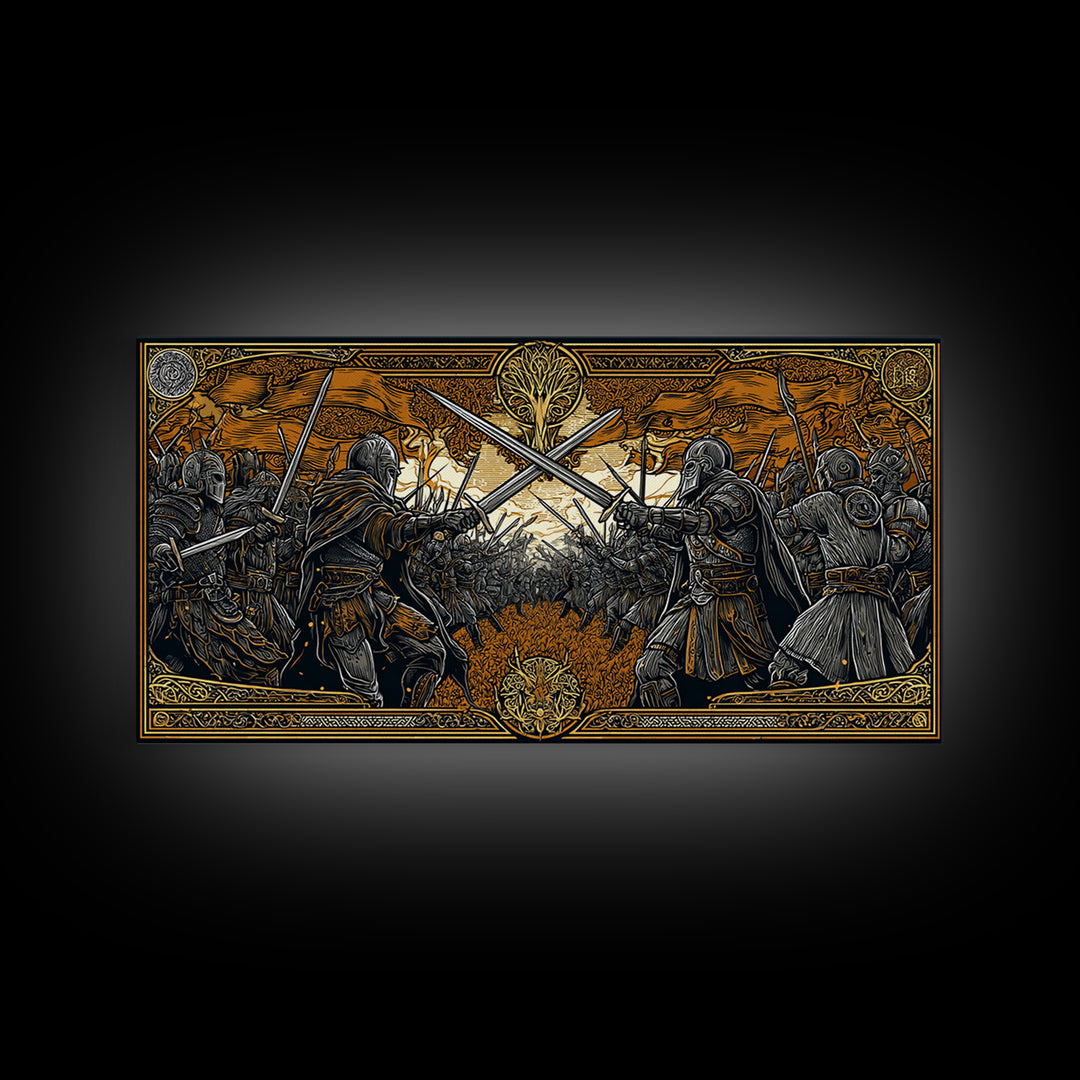 Viking Battle Canvas Gold Art Canvas Art Norse Warriors Mythology Wall Decor Office Art Man Cave Gift framed in natural wood