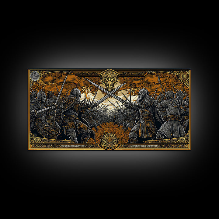 Viking Battle Canvas Gold Art Canvas Art Norse Warriors Mythology Wall Decor Office Art Man Cave Gift framed in natural wood
