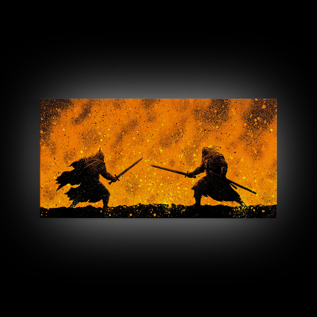 Fiery Duel Canvas Gold Art Canvas Art Norse Viking Mythology Warrior Wall Decor Dad Gift Office Art framed in solid wood