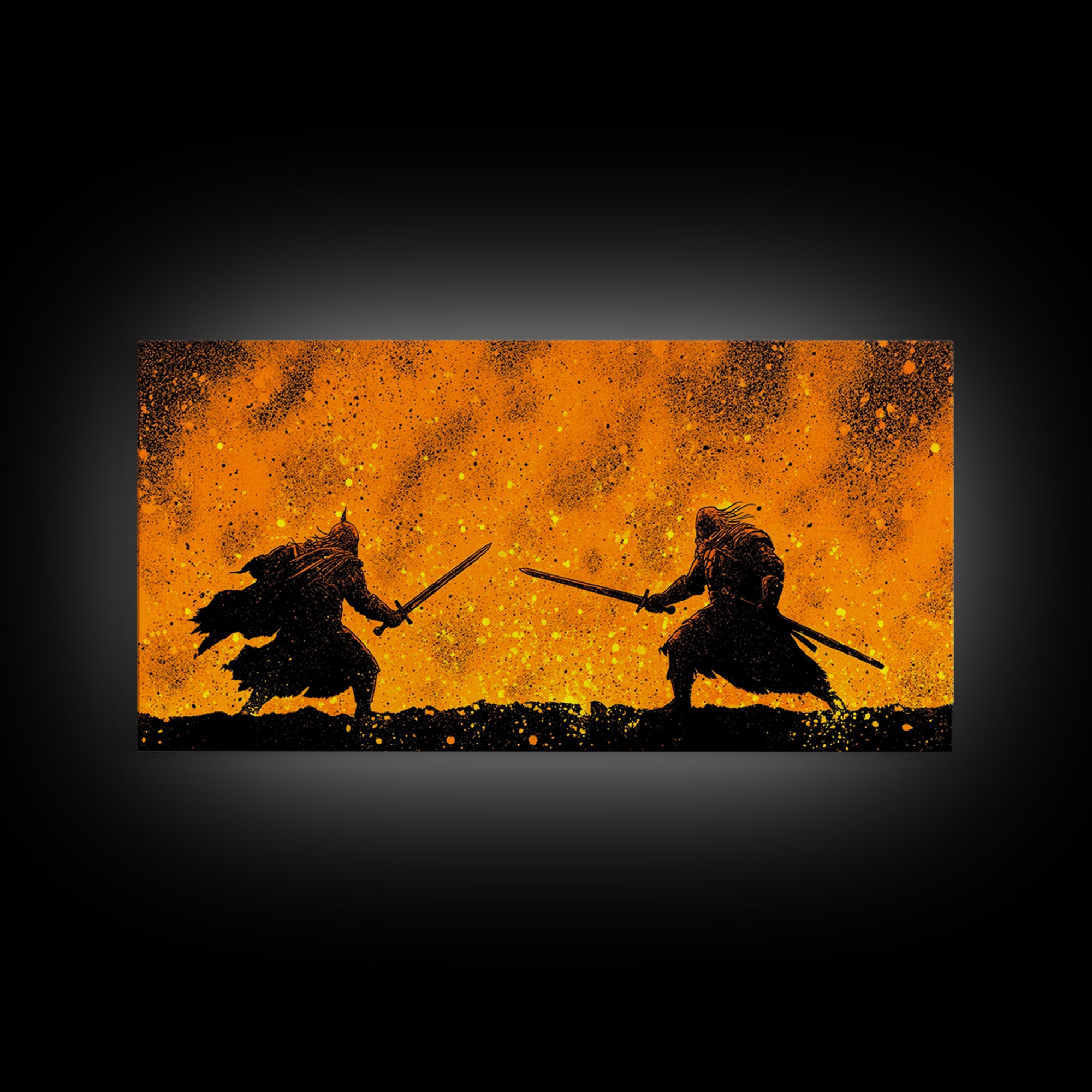 Fiery Duel Canvas Gold Art Canvas Art Norse Viking Mythology Warrior Wall Decor Dad Gift Office Art framed in solid wood