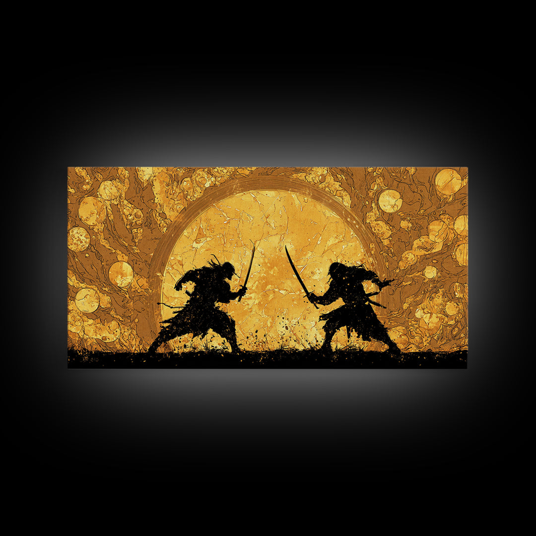 Samurai Duel Canvas Gold Art Canvas Art Norse Inspired Epic Warrior Wall Art Man Cave Decor Office Gift framed in real wood