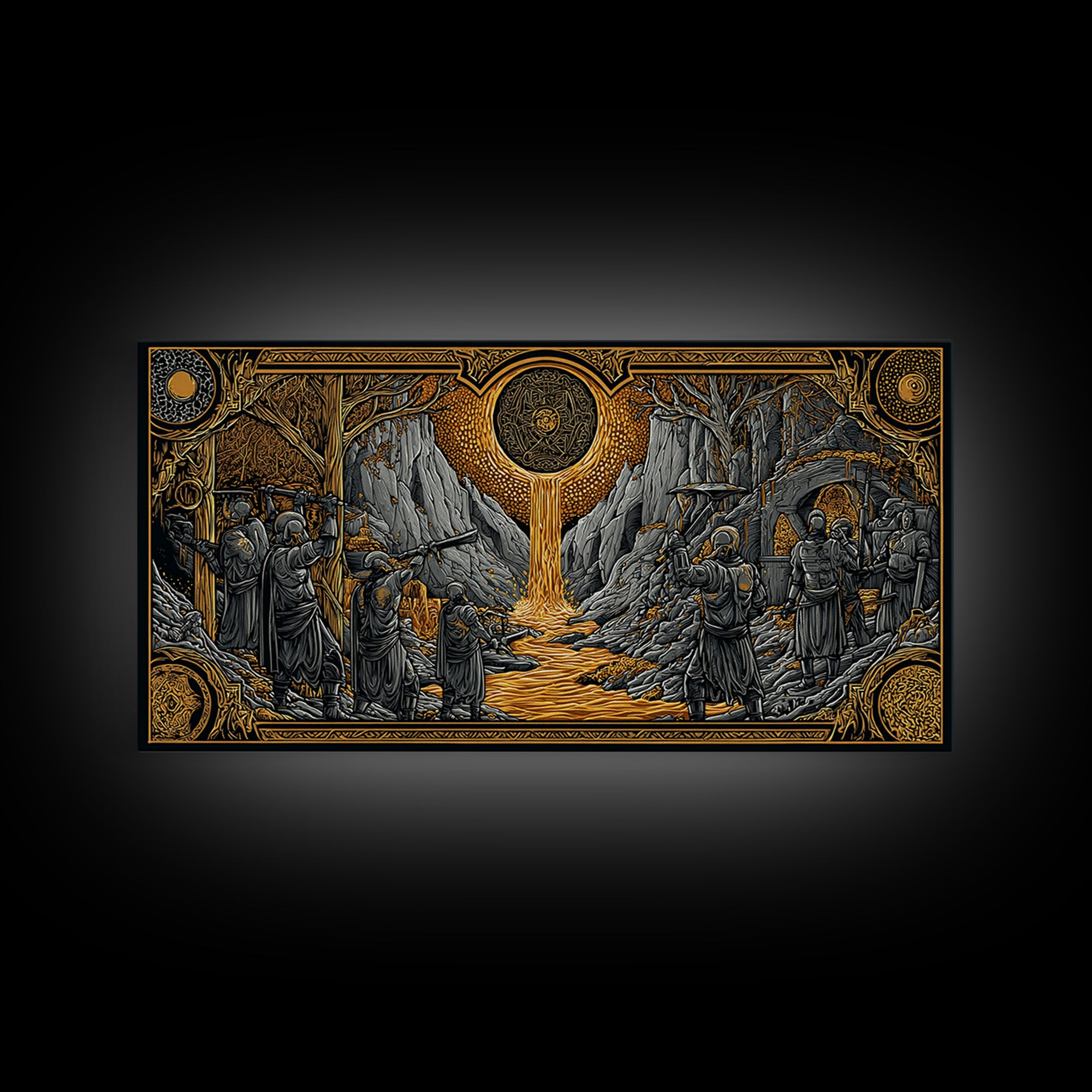 Dwarves Forging Canvas Gold Art Canvas Art Norse Mythology Viking Blacksmiths Wall Decor Office or Man Cave framed in wood