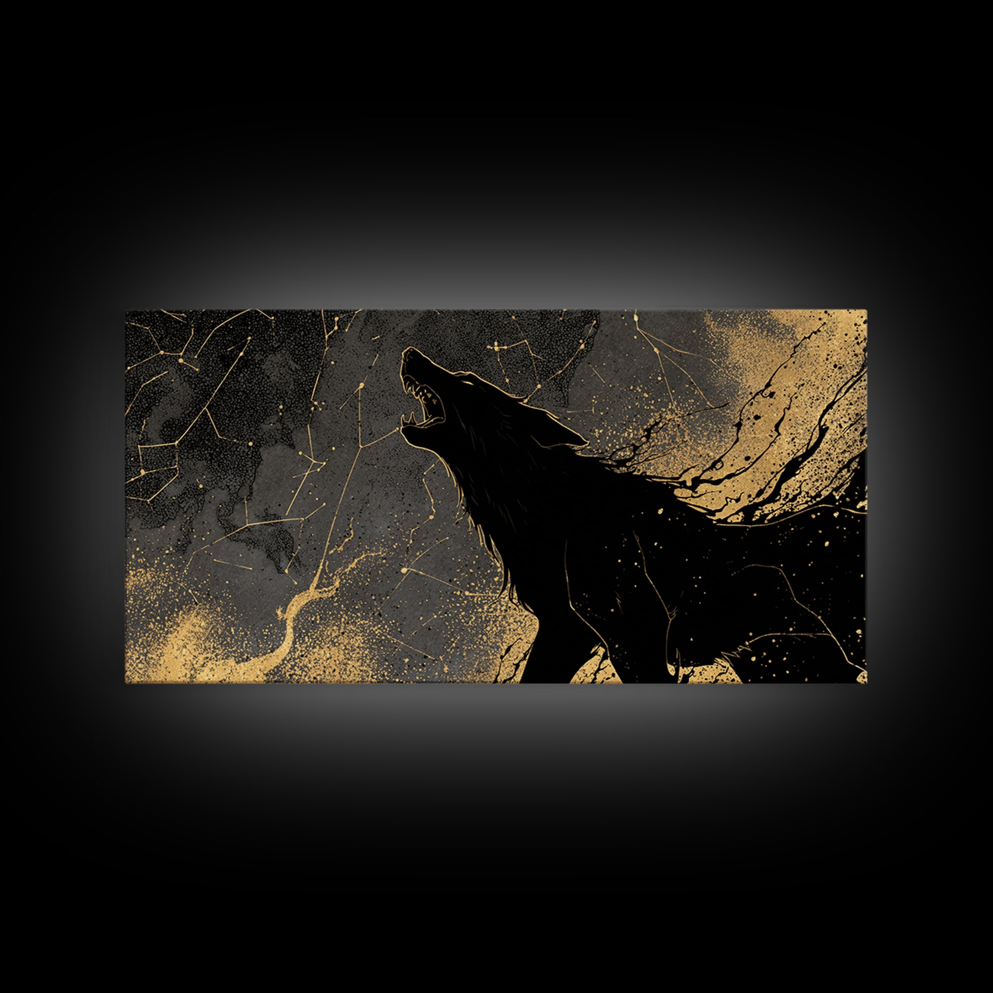 Fenrir Wolf Canvas Gold Art Canvas Art Norse Mythology Beast Viking Wall Decor Dad Gift Office Art framed in real wood frame