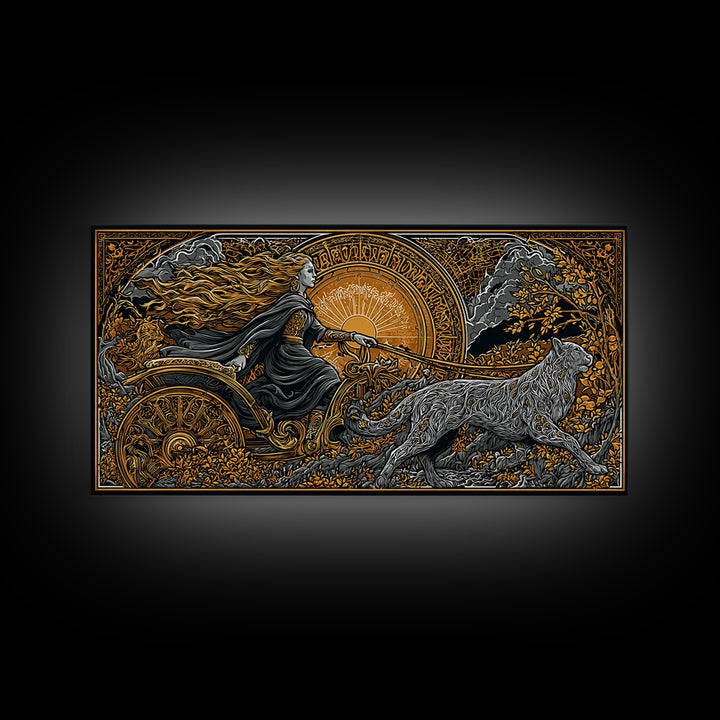 Freyja Canvas Gold Art Canvas Art Norse Goddess Viking Mythology Wall Decor Man Cave or Office Art framed in natural wood