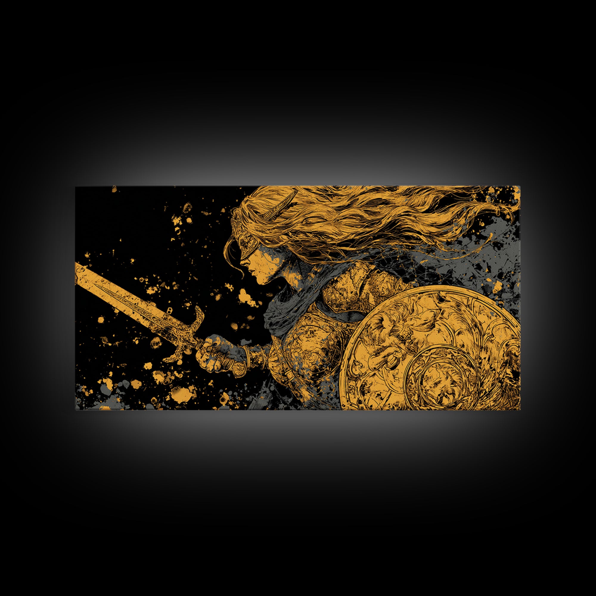 Valkyrie Warrior Canvas Gold Art Canvas Art Norse Mythology Female Viking Wall Decor Office Art Man Cave Gift framed in wood