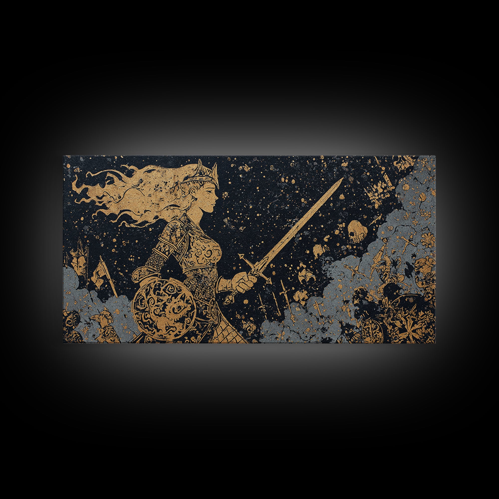 Viking Warrior Queen Hervor Canvas Gold Art Canvas Art Nordic Mythology Wall Decor for Office or Man Cave framed in real wood