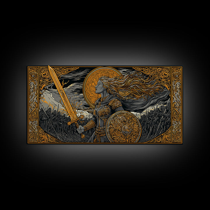 Shieldmaiden Hervor Canvas Gold Art Canvas Art Norse Warrior Goddess Viking Wall Decor Dad Gift Office framed in real wood