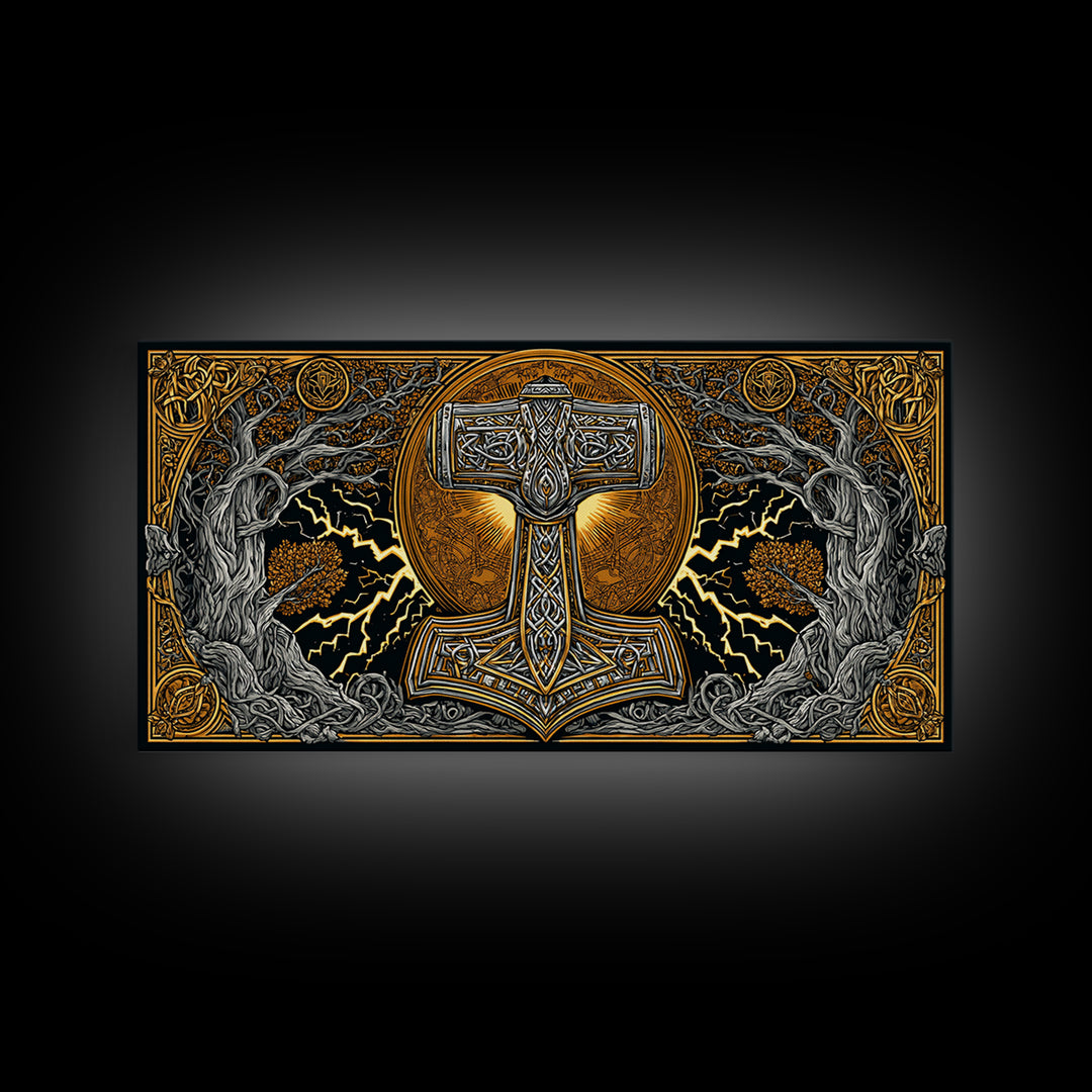 Mjolnir Norse Hammer Canvas Gold Art Canvas Art Viking Symbol Wall Art for Man Cave Office or Dad Gift in handcrafted real wood frame