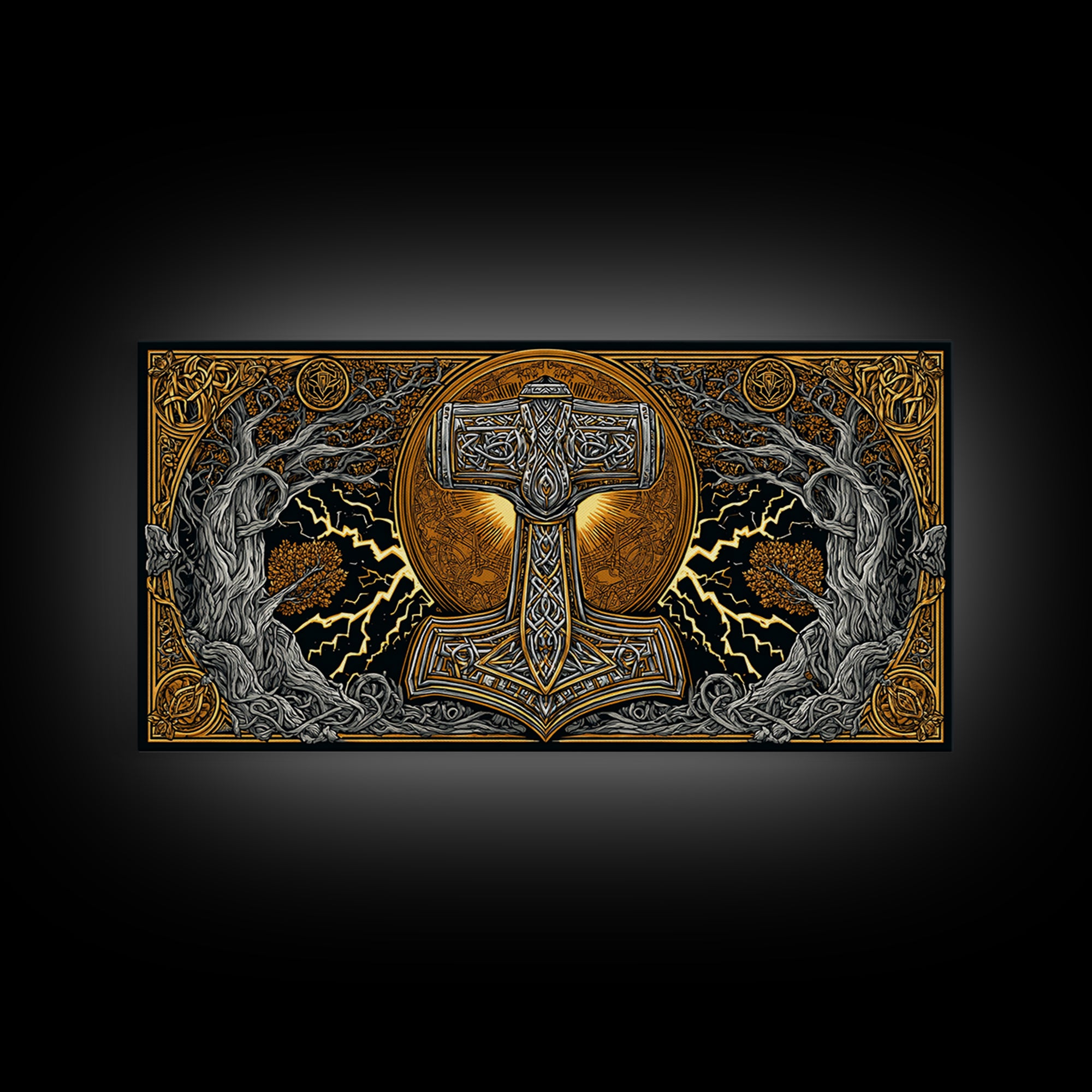 Mjolnir Norse Hammer Canvas Gold Art Canvas Art Viking Symbol Wall Art for Man Cave Office or Dad Gift in handcrafted real wood frame