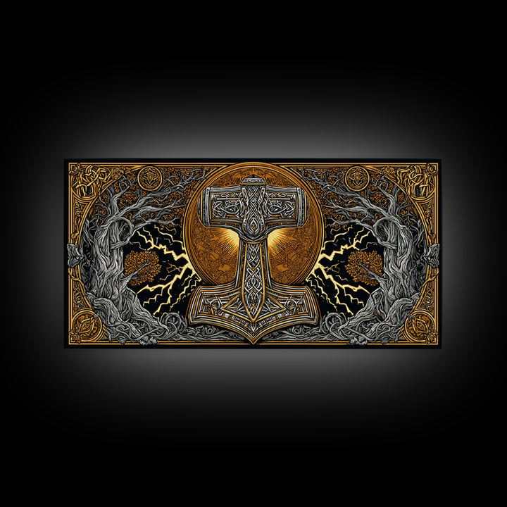 Mjolnir Norse Hammer Canvas Gold Art Canvas Art Viking Symbol Wall Art for Man Cave Office or Dad Gift in handcrafted real wood frame