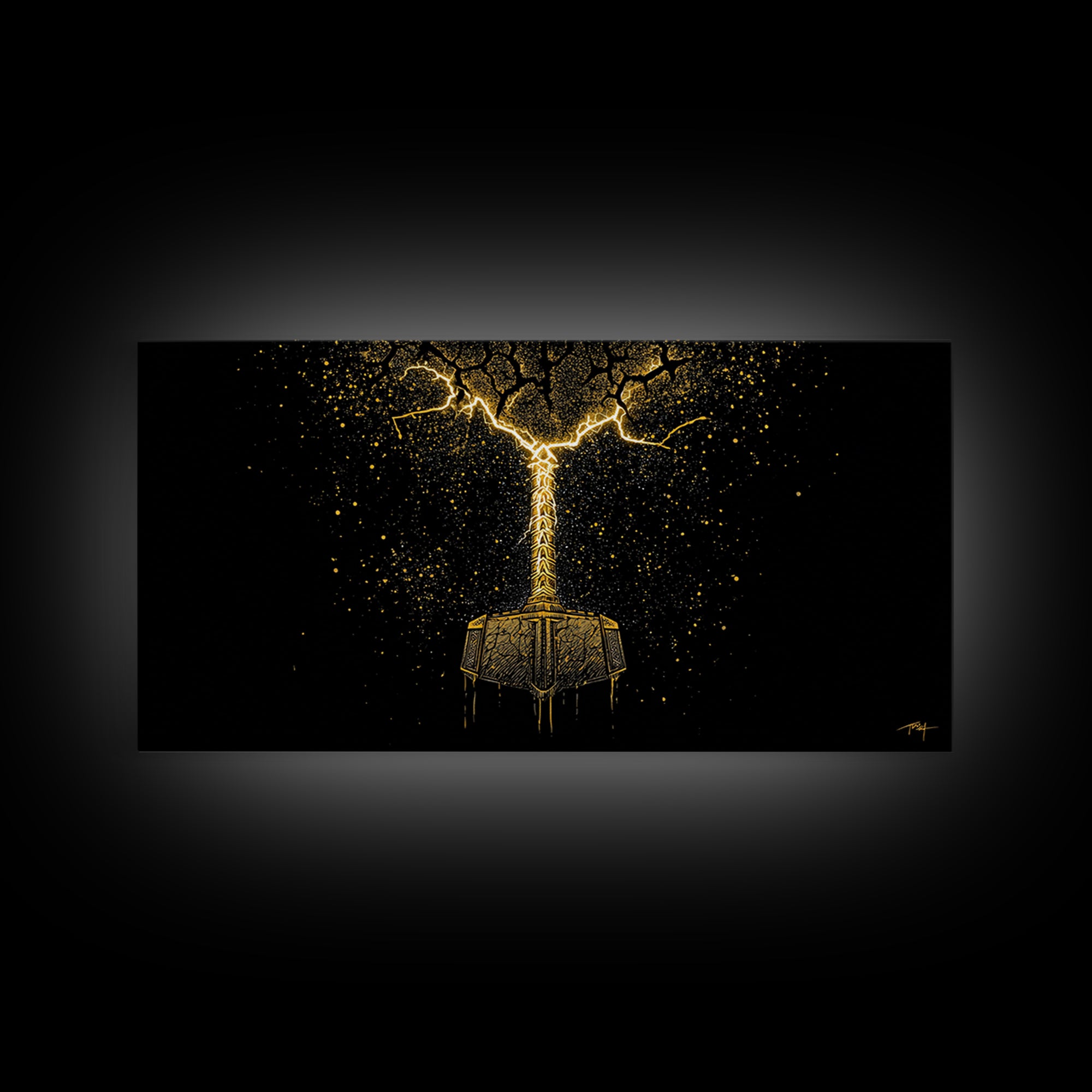 Thor’s Mjolnir Hammer Canvas Gold Art Canvas Art Nordic Wall Art Viking Decor Mythology Office Piece framed in premium natural wood