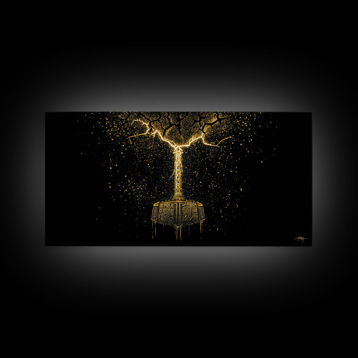 Thor’s Mjolnir Hammer Canvas Gold Art Canvas Art Nordic Wall Art Viking Decor Mythology Office Piece framed in premium natural wood