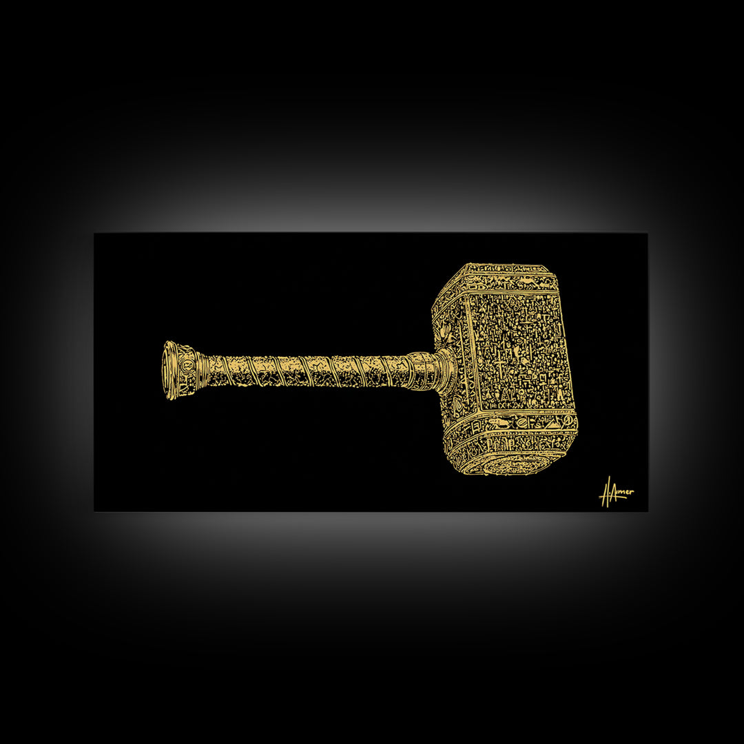 Thor’s Hammer Mjolnir Canvas Gold Art Canvas Art Nordic Mythology Wall Hanging Viking Decor Office Art Gift framed in solid natural wood