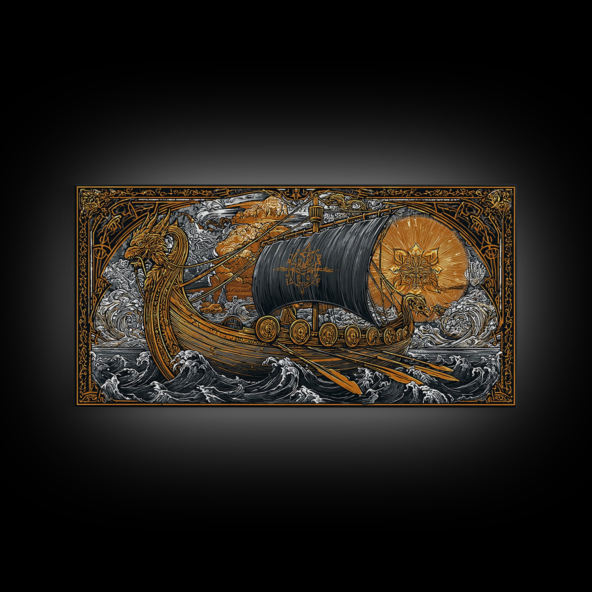Naglfar Norse Longship Canvas Gold Art Canvas Art Viking Ship Wall Decor Nordic Mythology Office or Dad Gift framed with natural wood