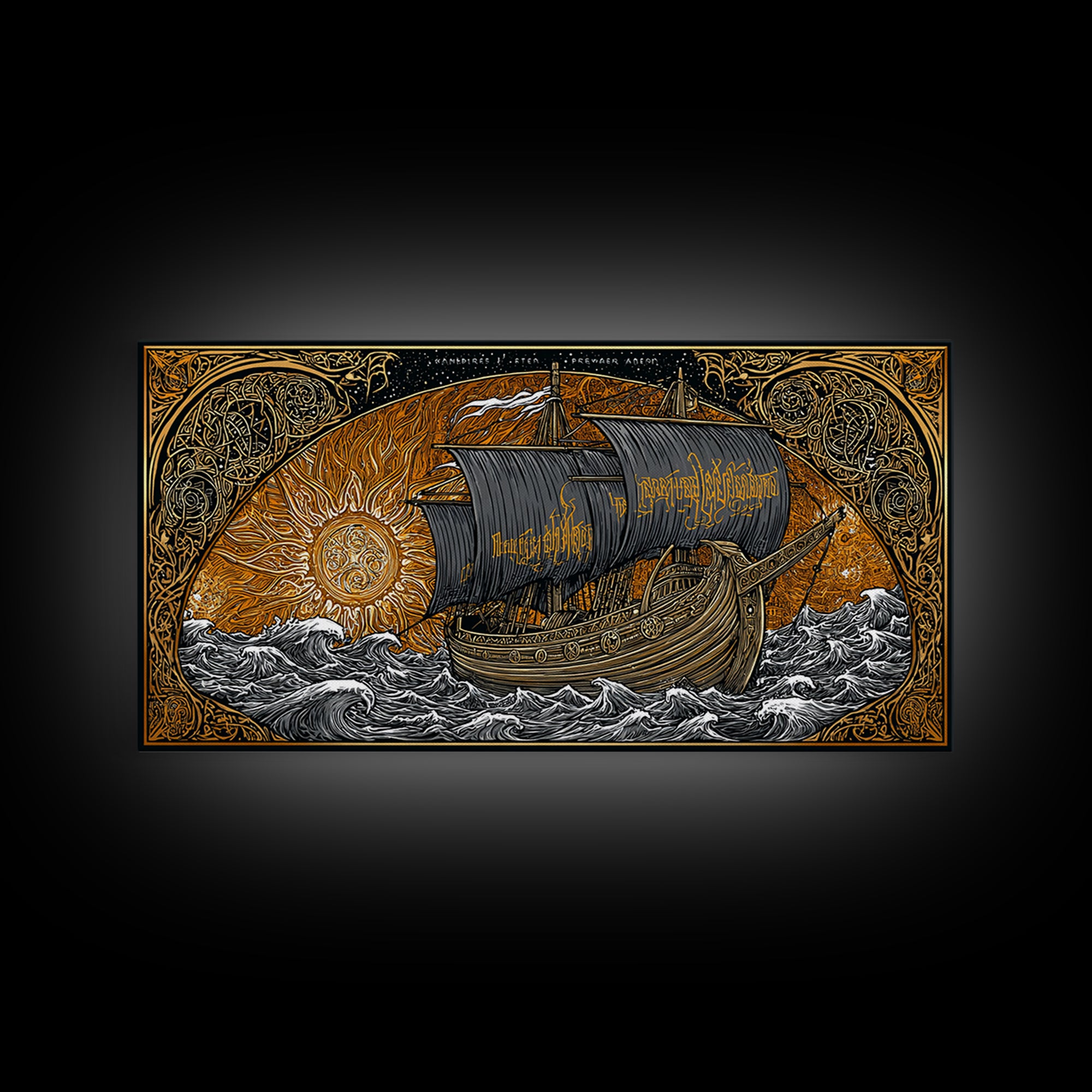 Viking Ship Naglfar Canvas Gold Art Canvas Art Nordic Longship Decor Norse Mythology Office Wall Art Man Cave framed in authentic wood